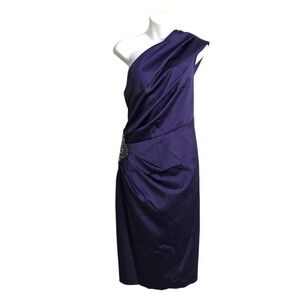 eliza j off the shoulder metallic dress Eliza J Metallic Knit One Shoulder Gown